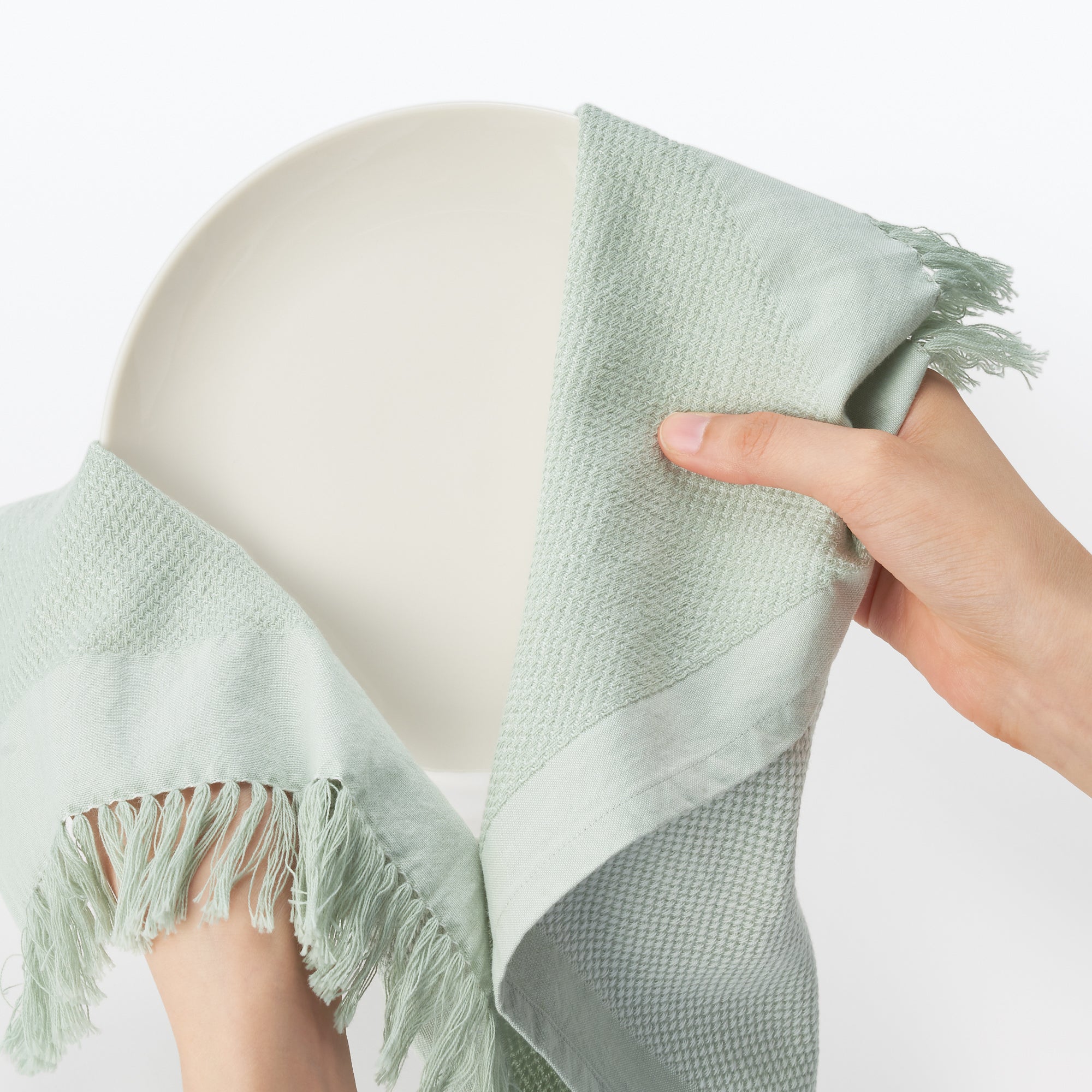 Indian Cotton Multipurpose Cloth with Fringes - Light Green - Image 2