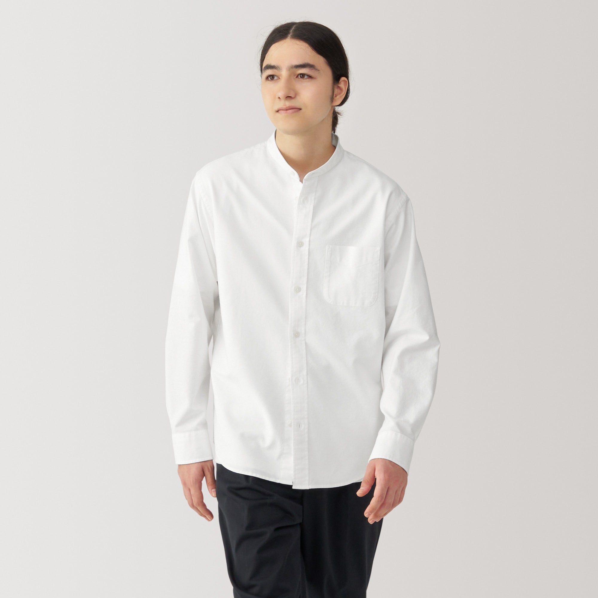 Men's Washed Oxford Stand Collar Long Sleeve Shirt
