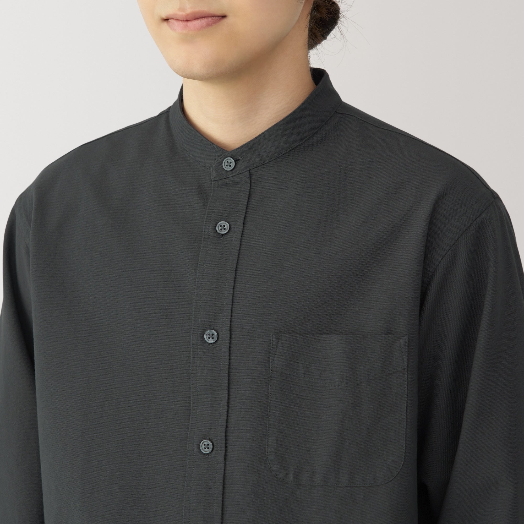 Men's Washed Oxford Stand Collar Long Sleeve Shirt - Image 15
