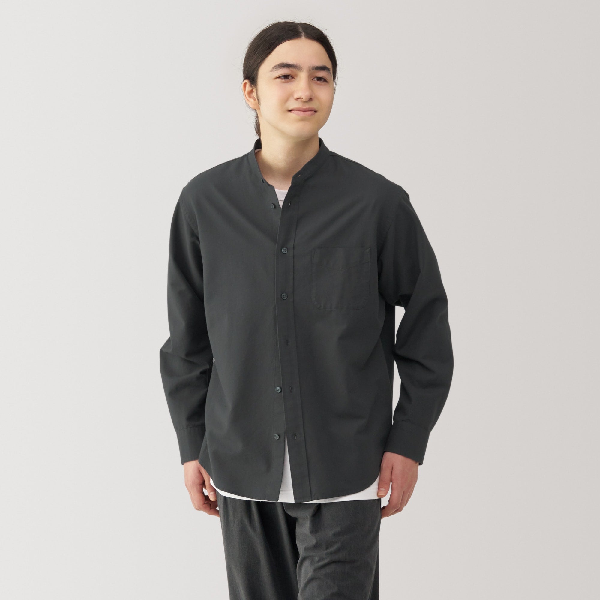 Men's Washed Oxford Stand Collar Long Sleeve Shirt - Image 11