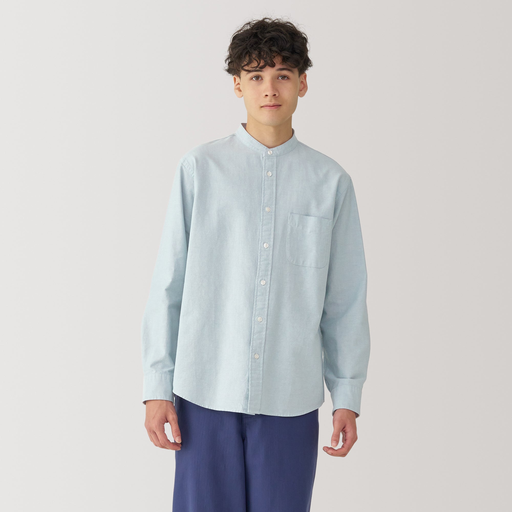 Men's Washed Oxford Stand Collar Long Sleeve Shirt - Image 19