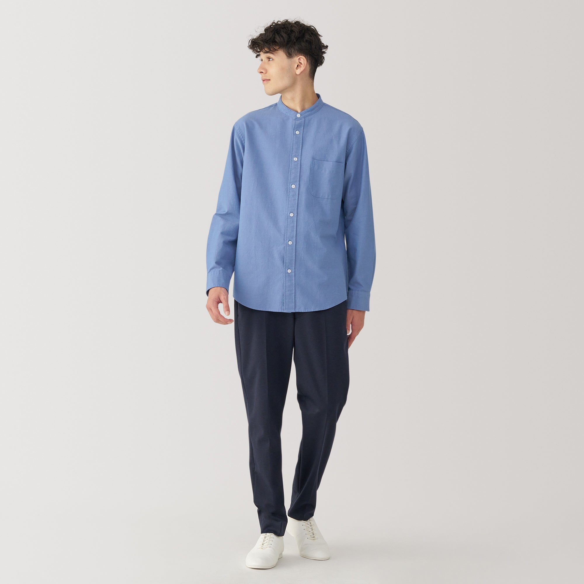 Men's Washed Oxford Stand Collar Long Sleeve Shirt - Image 28