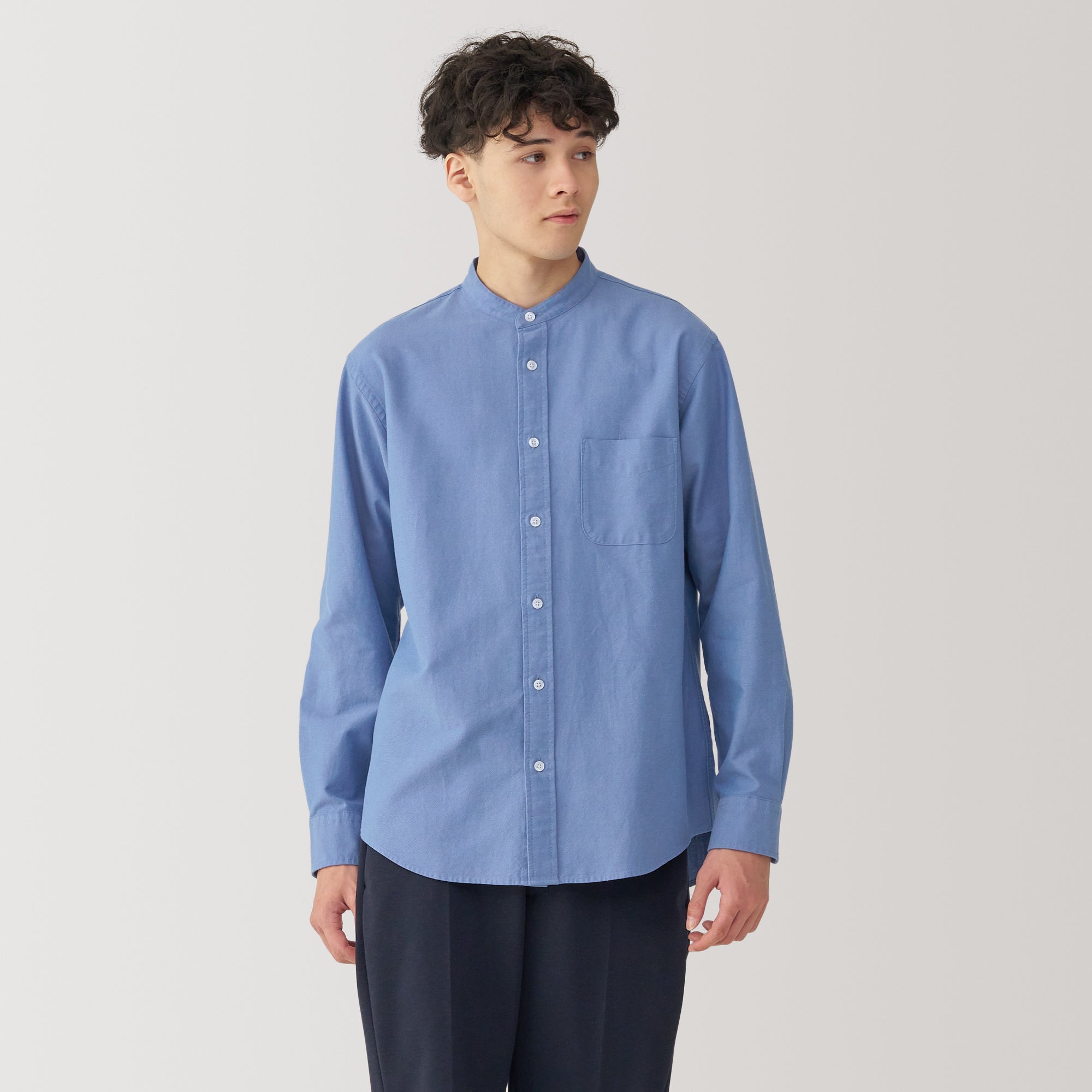 Men's Washed Oxford Stand Collar Long Sleeve Shirt - Image 27
